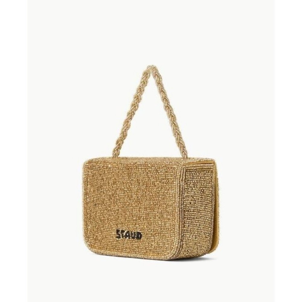 STAUD Carmen beaded all over small box clutch bag + Dust bag GOLD